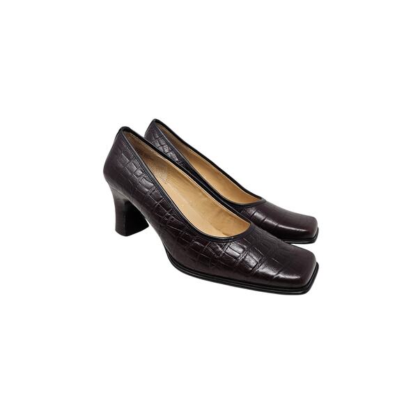 Vintage y2K Anne Klein 8 Brown Croc Embossed Leather Square Toe Pump Classic - Picture 6 of 7